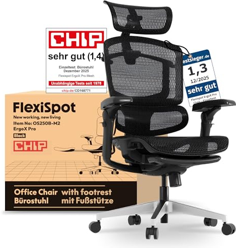 FLEXISPOT Ergonomischer Bürostuhl ErgoX Pro-Mesh Schwarz | mit 12-stufiger Höhenverstellung, mit 7D-Armlehnen, 5D-Lendenstütze, 4D-Kopfstütze, 250 kg Belastbarkeit und Netzsitz