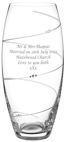 Diamante Glass Vase, 30cm Tall, Barrel Shape, Single Spiral Cut Design, Hand-finished With 3 Clusters of Crystals, Engraved With Your Own Custom Text, Gift Boxed