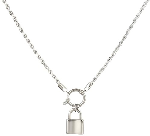 Collana con lucchetto per donne e uomini, collana girocollo con catena intrecciata con ciondolo a cuore in argento sterling 925, lucchetto da donna, uomo