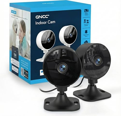 GNCC 2PCS Inomhus övervakningskamer 1080P, 2,4Ghz WiFi Kamera för Baby/Husdjur, med Smartphone App, AI Rörelse- & Ljuddetektering, 2-vägsljud, Mörkerseende, Molnprenumeration/SD Kortlagring, Svart