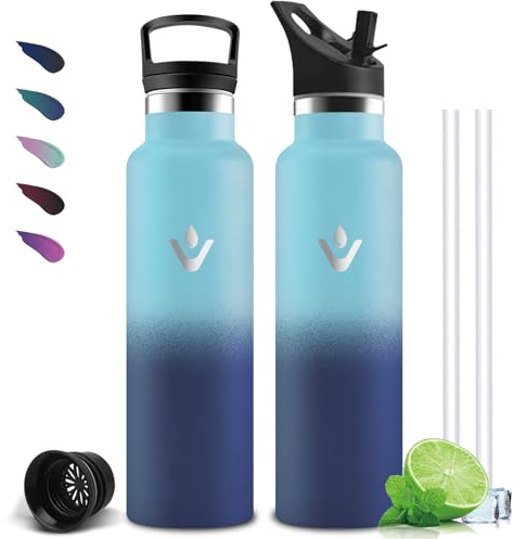 Thermosflasche- 1l- Trinkflasche Edelstahl, Trinkflasche mit Strohhalm, BPA-Frei, Isolierflasche Doppelwandig, Trinkflasche Auslaufsicher, 24h Kalt & 12h Warm, für Wandern, Camping, Yoga, Fitness