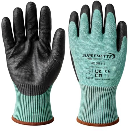 Supreme TTF Level F Cut Resistant Work Gloves EN388 4X43F Palm Coated Grip Heavy Duty Industrial Pack of 6 Pairs (Large | 9)
