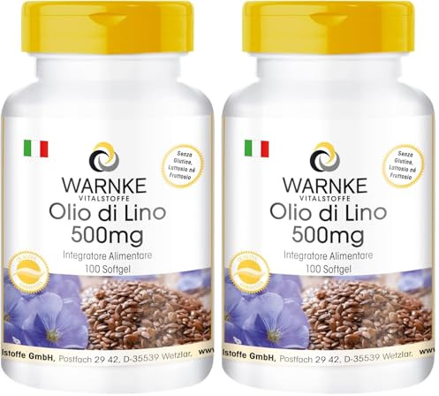 Huile de Lin 500mg – 100 gélules molles - Préssée à froid - avec vitamine E | Warnke Vitalstoffe - Qualité des pharmacies allemandes (Lot de 2)