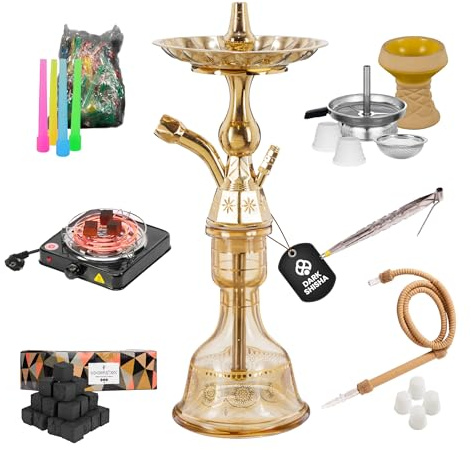 Dark Shisha Cachimba Tradicional Luna Ámbar 44,5 cm + 1 kg Carbón Natural Cocobration 27 mm + Hornillo Eléctrico 1000W con Cesta + 50 Boquillas Desechables | Set Completo