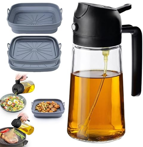 DOMUK Pulverizador Aceite SPRAY Moldes Silicona AIR FRYER Aceitera 3en1 HOGAR Y Cocina Antigoteo Utensilios DE Accesorios Airfryer Freidora AIRE Cristal, 470ml