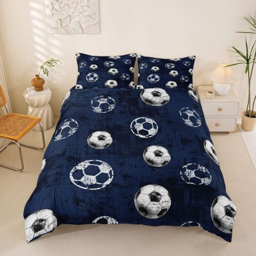 Loussiesd 3D Soccer Duvet Cover Double Size Football Navy Blue Bedding Set for Boys Girls Gaming Sports Theme Comforter Cover Bedroom Decor 3Pcs Zipper Closure With 2 Pillowcases