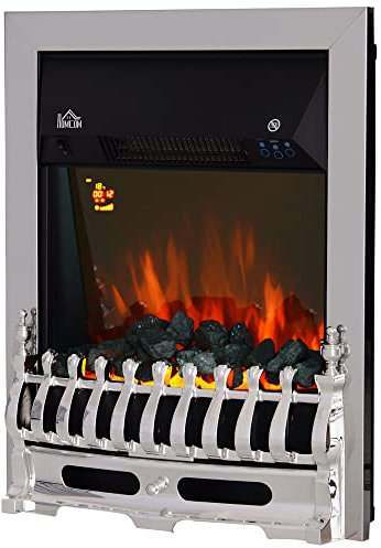 HOMCOM Contemporary Electric Fireplace Coal Burning Flame Effect Inset Fire Place Space Heater Glass View LED Lighting with Remote Control, 1000W/2000W