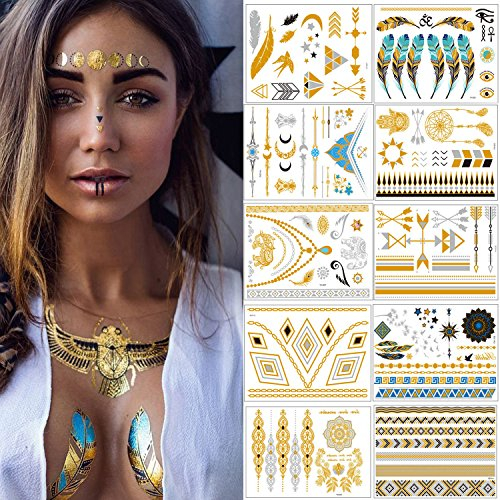 Meersee Flash Tattoos - 10er Set Temporäre Klebe-Tattoos in Gold und Silber, Metallic und Wasserdichte Tätowierung