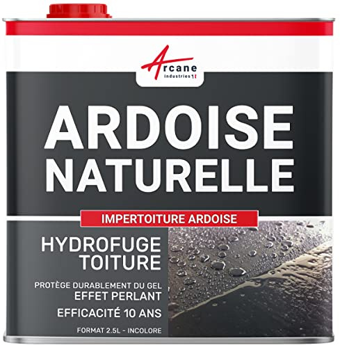 Hydrofuge Toiture Imperméabilisant Ardoise 2.5 L (jusqu'à 12.5 m²) | Imperméabilise les Toitures en Ardoise, Incolore, Effet Perlant, Protège du Gel et des Dépôts Verts - Arcane Industries