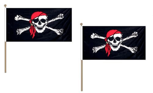 AZ FLAG - Stockflagge Pirat Rotes Kopftuch - 45x30 cm Mit Holzmast - 10 Stück Piraten Totenkopf Stockfahne 30 x 45 Cm - Flaggen