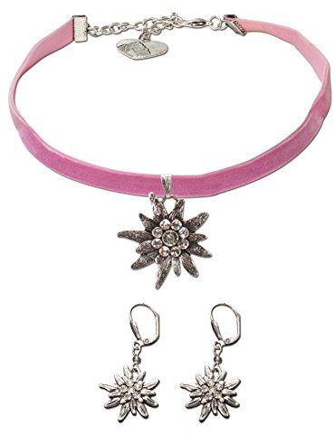 Alpenflüstern Trachtenschmuck-Set Trachten-Samt-Kropfband und Ohrhänger Strass-Edelweiß - Damen-Trachten-Schmuck, Trachtenset Trachtenkette und Trachten-Ohrringe in traditionellen Farben SET017
