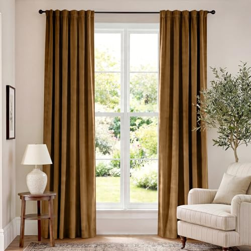 Lazzzy Velvet Blackout Curtains Thermal Insulated Room Window Drapes Super Soft Luxury Curtains for Living Room Bedroom Rod Pocket 2 Panels, Gold Brown, 52 W x 84 L