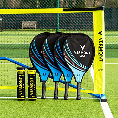 Vermont Procourt Mini Tennisnetz und Schläger Set │ Kinder, Jugendliche, Erwachsene │ Netz, Pfosten, Schläger und Bälle Werden alle enthalten (6m Netz, Kinder Schläger 48cm)