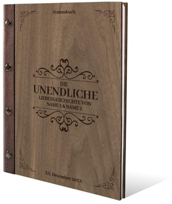 Personalisiertes Stammbuch Hochzeit aus echtem Holz mit Leder Rücken A5 oder A4 inkl. vorgedruckten Seiten - Liebesgeschichte