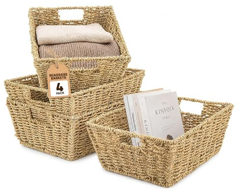 LIVIVO Seagrass Storage Baskets - Set of 4 Rectangular Wicker Storage Basket - Multipurpose Hamper Storage Decorative Wicker Baskets for Shelves Woven Wicker Box With Handles