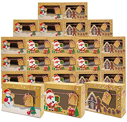 Aviski 24 Stück Weihnachtskeksschachteln mit PVC-Fenster, Kraftpapier, Geschenkschachteln, Schokoladenschachteln, DIY-Keksschachteln mit Geschenkanhängern für die Feiertage, 3 Styles, 22 x 15 x 7 cm