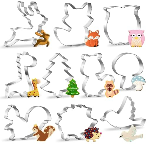 Set di formine per biscotti con animali, 10 Pezzi Stampo Biscotti Animale, Stampi Biscotti Animale - funghi, gufi, volpe, cervi e ricci, Piccione, Stampini per Inossidabile
