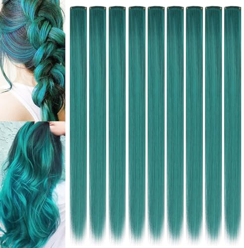 ZHIRXIN 9 Stück Farbige Grüne Haarverlängerungen Party Highlights Bunter Clip in Haarverlängerungen 21 Zoll Gerade Synthetische Haarteile Halloween Weihnachten Cosplay (Grün)