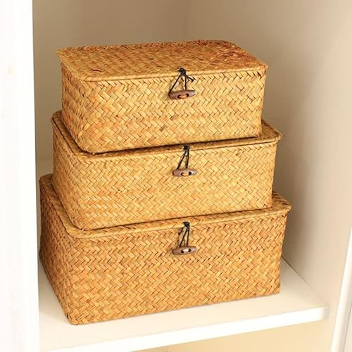 YSGLIFE Aufbewahrungsbox aus Seegras Bastkorb Korb mit Deckel Aufbewahrungskörbe Regalkörbe Make-up-Organizer Küche Wohnzimmer Desktop-Lagerung Natürliches Material Rattankorb