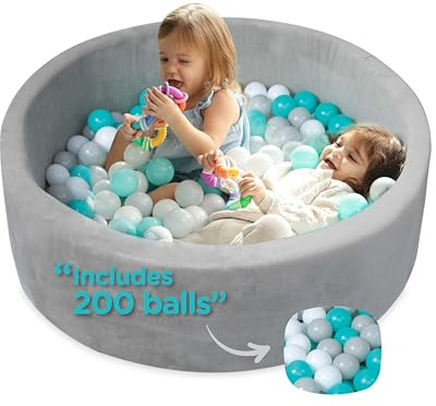 Nuby Velvet Ball Pit - 200 Colored Balls Included - Soft Foam Play Pit for Baby and Toddlers, Indoor/Outdoor Playpen, Play Gym - Aqua & Gray