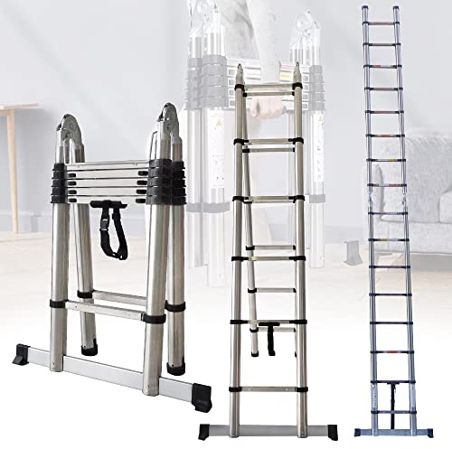 Mehrzweck-Teleskopleiter, zusammenklappbar, ausziehbar, 3,8 m, A-Rahmen, tragbare Dachboden-Trittleiter, DIY Edelstahlleiter, Tragkraft 150 kg, EN131