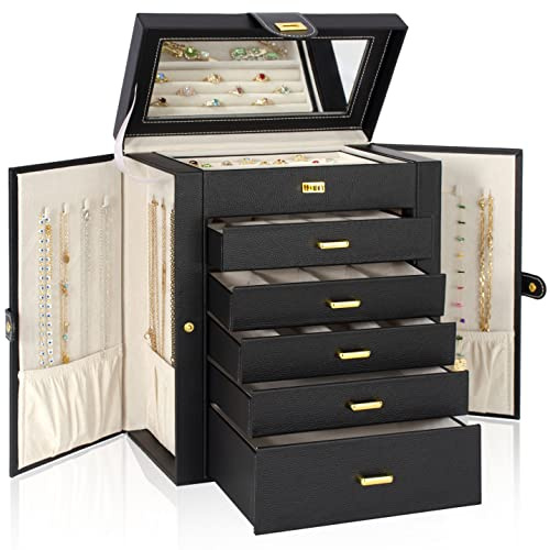 AKOZLIN Große Schmuckschatulle, Organizer, funktional, mit großem Spiegel, Leder-Schmuck-Aufbewahrungsbox für Frauen und Mädchen, Ring-, Halsketten-, Ohrring-, Armband-Halter, Organizer | Funktionelles Schmucketui für Frauen und Mädchen, Ring und Ohrringe, Organizer mit Spiegel, Schwarz, 15,5 cm tief