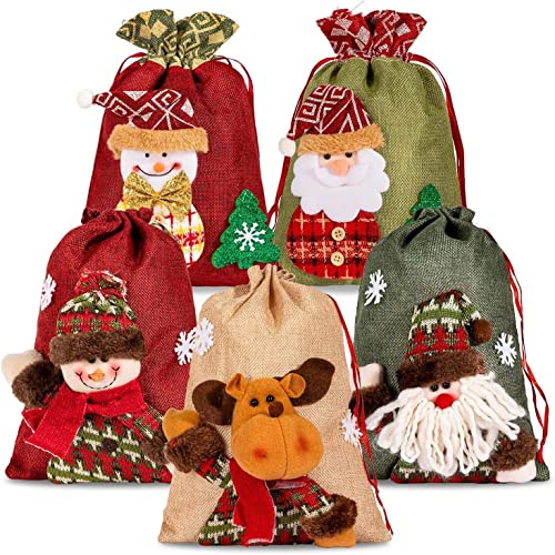 KAHEIGN 5Pcs Weihnachten Geschenk Beutel, Große 3D Stoff Weihnachten Geschenktüte mit Kordelzug, Wiederverwendbar Geschenktasche Süßigkeiten Tüten für Party