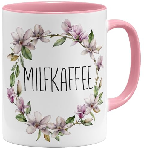OM3® witzige Milfkaffee Milf Kaffee-Tasse mit Spruch - blumig Blümchen - Keramik Becher - 325ml - Beidseitig Bedruckt - Rosa