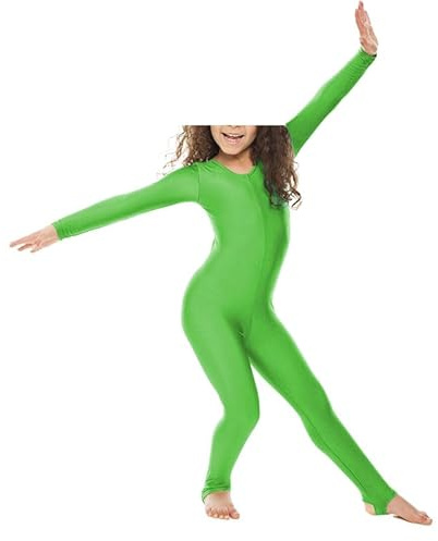 Prime fashions - Girls Shiny Nylon Long Sleeve Stirrup Catsuit - Full Body (Green, 7-8 Years)
