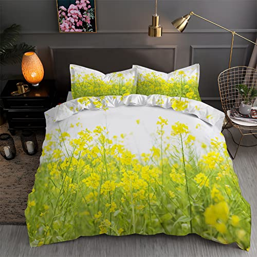 Housse de Couette 140x200 Bleu Parure de Lit 140x200 Colza 1 Personne ImpriméEs Housses de Couettes Microfibre Douceur avec 2 Taies d'oreiller, avec Fermeture ZippéE