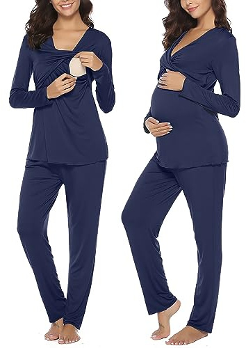 Irdcomps Dam moderskap pyjamas set bomull amning amning nattkläder pyjamas set långärmad nattkläder graviditet för sjukhus hem, marinblå, L