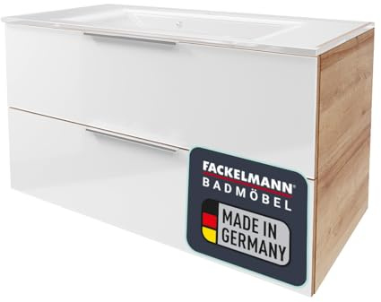 FACKELMANN B.Brillant Waschbeckenunterschrank – inklusive weißem Waschbecken aus Glas – Hängend und Front aus lackiertem Glas – Badschrank in Weiß & Eiche (100 x 56 x 50 cm)