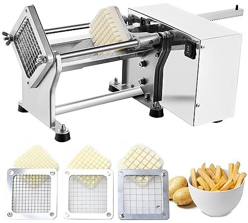 QUTBAG Coupe-Frites électrique, Coupe-Pommes de Terre Automatique Commercial avec 3 Tailles de Lames remplaçables, Hachoir à légumes en Acier Inoxydable pour Pommes de Terre, Carottes, concombres