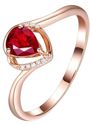 Ring Modeschmuck Damen, Gold Ringe Frauen 18K Roségold Lab Rubin 0.5CT Taubenblutrot Tropfenschliff VVS mit Diamant Natur Weiß Größe 49 (15.6)