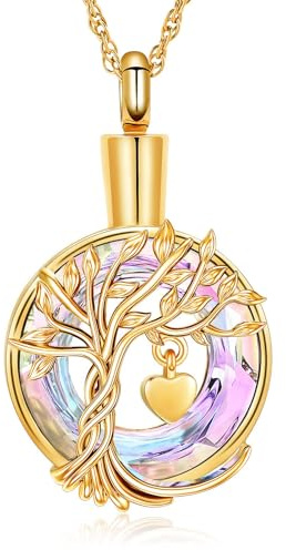 AIWENXI Collier urne funéraire arbre de vie pour homme et femme avec pendentif cercle de vie en cristaux de crémation