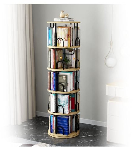 ZFUCMAYL Drehbarer Bücherregal-Turm, Bodenstehender CD-Ausstellungsständer, 5-stufiges Aufbewahrungsregal, Einfache Montage for Schlafzimmer, Arbeitszimmer, Wohnzimmer, Büro (Color : Beige)