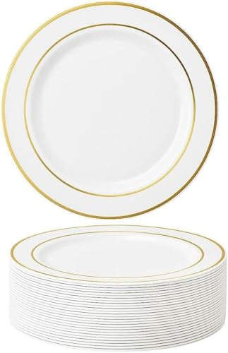 MATANA 50 Premium Weiße Plastikteller mit Goldrand, Mehrweg Kunststoffteller, 26cm - Partyteller Gold für Hochzeiten, Geburtstage, Partys - Elegantes & Stabiles Partygeschirr