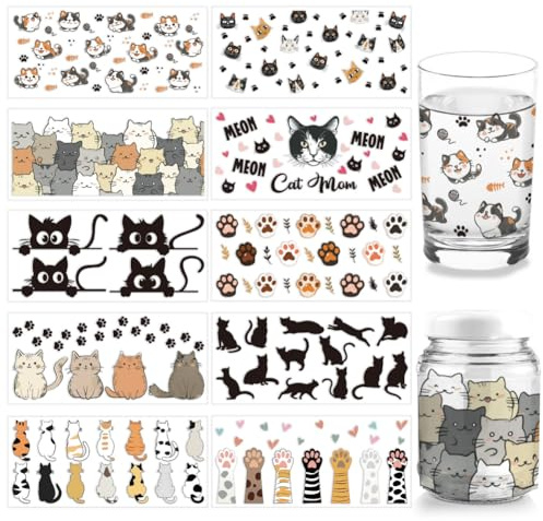 arricraft 10 Blatt UV DTF Cup Wrap Transferaufkleber Für Glas 10 Stile Piepsende Katze Abziehbild Zum Aufreiben Für 16 Unzen Glasbecher Möbel Basteln Holz DIY Basteln 24x11cm