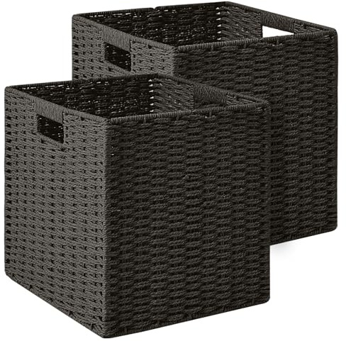 ICERZCZ Black Storage Bins, Wicker Storage Baskets for organizing, Paper Rope Woven Basket for Storage, 11 Inch Storage Cubes bin 11x11x11, 11x10.25x11, 2 Packs, Black