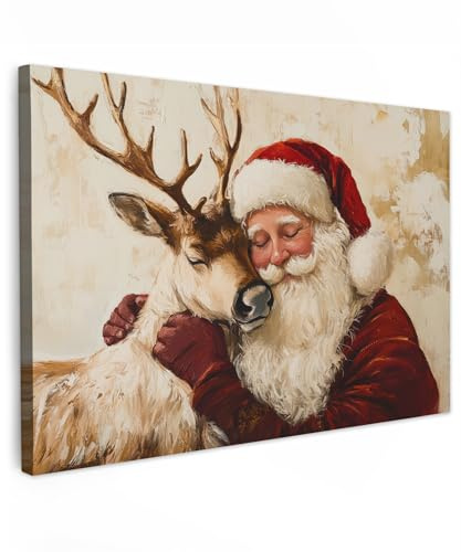 MuchoWow© Bild auf Leinwand Groß XXL Weihnachtsdeko Schlafzimmer Bilder | 120x80 cm - Badezimmer Wand Deko Wohnzimmer Weihnachtsgeschenke Modern Bilderwand Geschenk Weihnachtsmann - Rentier
