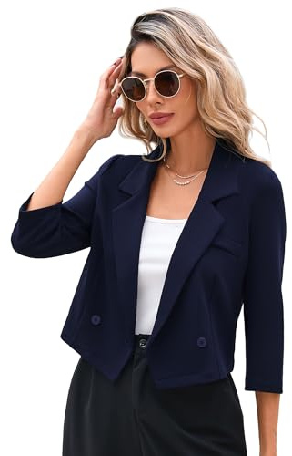 KOJOOIN Blazer para Mujer Ligero Cropped Chaqueta de Negocios Casual Blazer Abierto Manga 3/4 Corto Trabajo Oficina Chaqueta (Embalaje REUTILIZABLE), azul marino, S