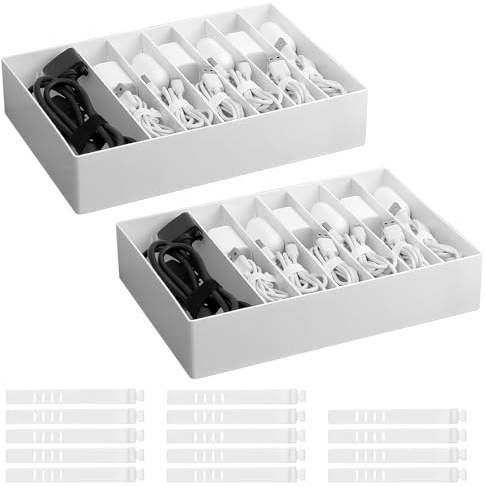 KNGNGK 2 Stück Groß Datenkabel Organizer Box Ladekabel Aufbewahrungsbox Kabel Box Cable Aufbewahrung Datenkabel Kabel Organisator Verstellbar Abziehbar Fächer mit 14 Kabelbindern Kunststoff Weiß