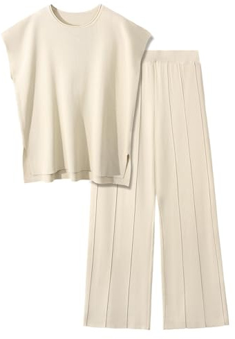 PASUDA Conjunto Punto Mujer 2 Piezas Ropa Verano Casual Cuello Redondo Tops Manga Corta de Punto y Cómodo Pantalon Suelto Moda Conjuntos Loungewear Deportivo (Beige, XL)