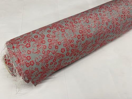 Stoff Meterware Brokatstoff Jacquard Grau/Rot Dekostoff Polsterstoff 1 Meter x 140 cm