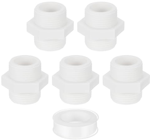 sourcing map PVC Nipple Thread Coupling Adapter Connector, 5Pcs 1 PT PVC Pipe Fitting with Sealant Tape (Male to Male), Hose Adapter Coupling for Thread Plumbing Pipe (White)