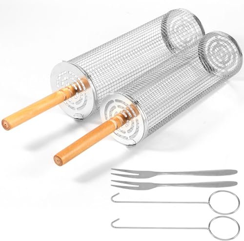 Fyeme Nistgrillkörbe mit Holzgriff Edelstahl Rolling Grillkorb tragbares Grill -Rollrohr Rollg Grill Netto Rolling BBQ Korb für BBQ Cooking Camping(1 Set,silbrig)