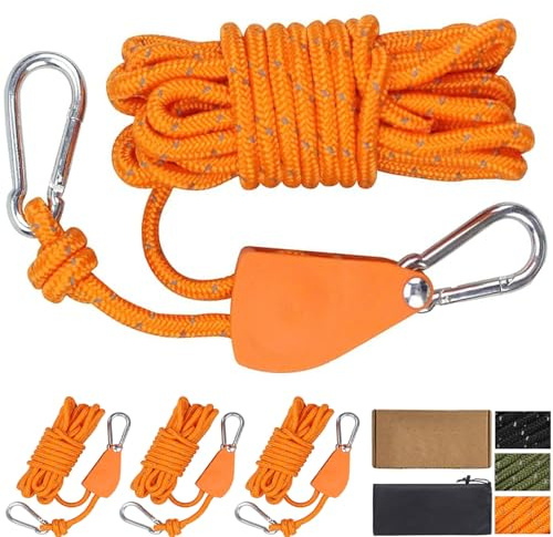 Cveenk 4 Stück 13ft/4M Reflektierend Abspannseile Seil mit Seilspanner, Φ 4mm Nylonschnur Zeltschnur Spannschnur Camping Seil mit Seilratsche für Zelt Sonnensegel Zeltplane Camping (Orange)