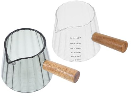 Cabilock 2pezzi Tazza da Latte in Vetro Trasparente con Manico in Legno Lattiera per Schiumare Latte Tazzina da caffè Espresso con Misurino Graduato