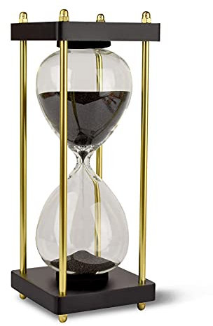 LIVONDO Temporizador de 30 minutos: elegante reloj de arena con cuerpo de cristal y marco dorado negro, decorativo con arena fina negra brillante, ideal para relajación y meditación