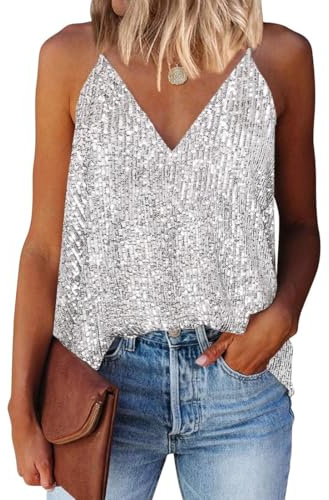 EUDOLAH Women's Vest Casual Fashion V-Neck Tie Sequins Glitter Camisole Sleeveless Tank Top (Small, White)
